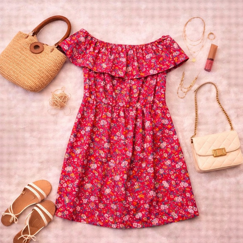 Young USA Coral Floral Off Shoulder Dress Size Large Ruffle Summer